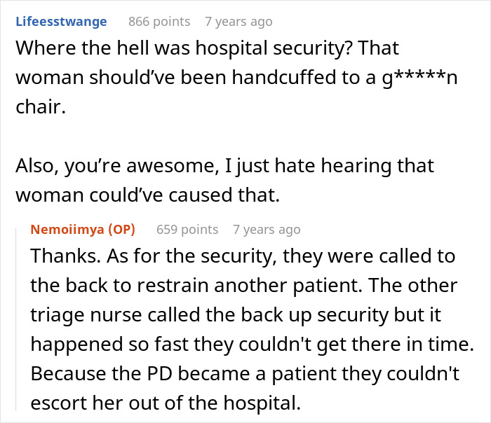 Screenshot of Reddit comments discussing hospital security and the ER nurse's quick thinking to save a patient from a Karen. Screenshot of Reddit comments discussing hospital security and the ER nurse's quick thinking to save a patient from a Karen.