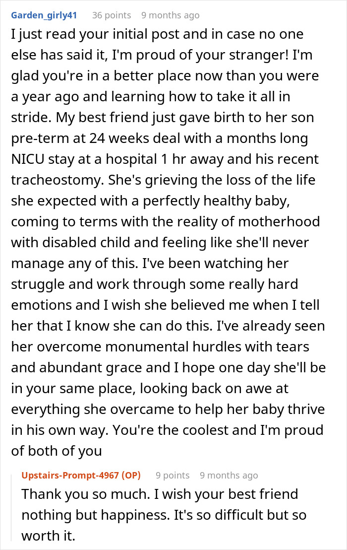 A supportive comment on a post about having a baby with Down syndrome, expressing pride and understanding for the parent's journey.