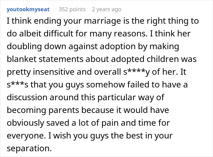 A screenshot of a comment discussing the difficult decision of ending a marriage because of a wife's beliefs about conceiving children.