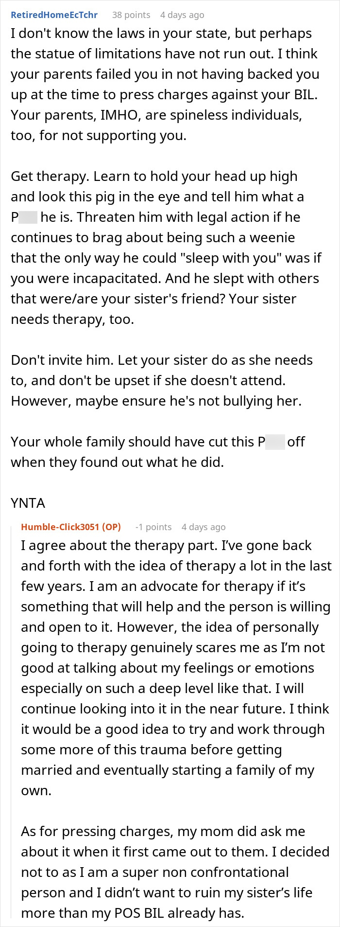 A Reddit comment section where a woman considers therapy for her trauma regarding a toxic BIL at her wedding. A Reddit comment section where a woman considers therapy for her trauma regarding a toxic BIL at her wedding.