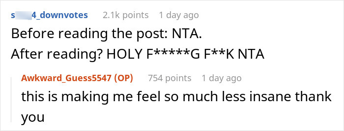 A user comment on Reddit supporting the daughter against her controlling mom who forbids her from locking the door, stating the daughter is not the a-hole. A user comment on Reddit supporting the daughter against her controlling mom who forbids her from locking the door, stating the daughter is not the a-hole.