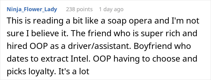 A comment about the relationship unraveling due to a conniving BF and a kind bestie. A comment about the relationship unraveling due to a conniving BF and a kind bestie.
