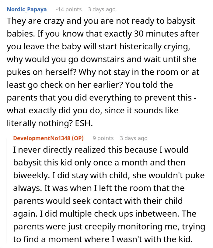 Reddit comments on parents gaslighting a babysitter, questioning her actions with a crying baby. Reddit comments on parents gaslighting a babysitter, questioning her actions with a crying baby.