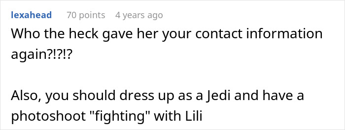 A screenshot of a comment asking who gave contact info and suggesting a Jedi photoshoot, linked to the half-sis infertility.