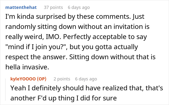 A screenshot of a Reddit comment by mattenthehat discussing how a guy joined female classmates and felt intruded on. A screenshot of a Reddit comment by mattenthehat discussing how a guy joined female classmates and felt intruded on.