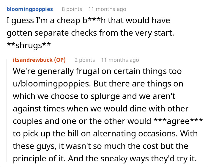 A screenshot of a Reddit comment discussing a couple who found fun dinner buddies to pay their bills. A screenshot of a Reddit comment discussing a couple who found fun dinner buddies to pay their bills.