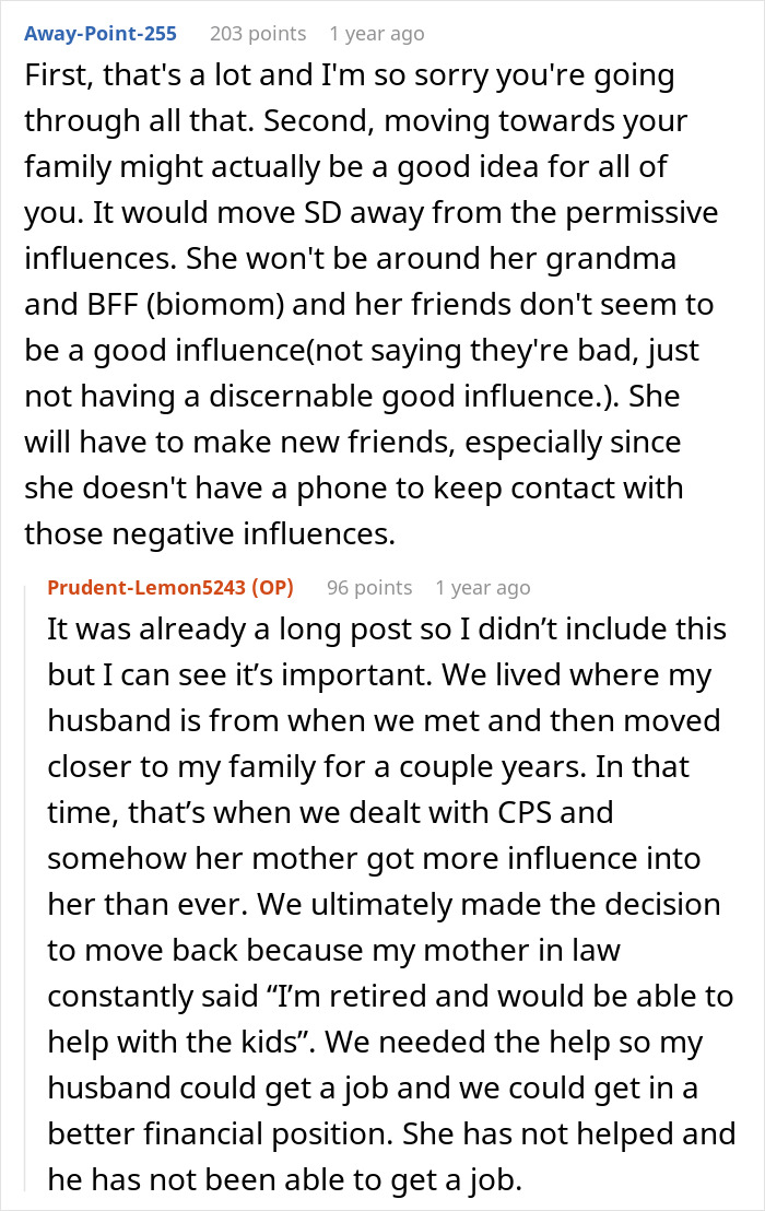 A screenshot of a Reddit comment about a woman's drama with her husband's kid, mentioning moving closer to family. A screenshot of a Reddit comment about a woman's drama with her husband's kid, mentioning moving closer to family.
