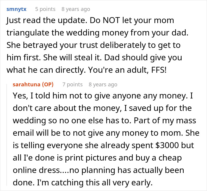 Mom Tries To Score A Free Wedding On Daughter’s Big Day, Gets Shut Down Fast By Furious Bride-To-Be Mom Tries To Score A Free Wedding On Daughter’s Big Day, Gets Shut Down Fast By Furious Bride-To-Be