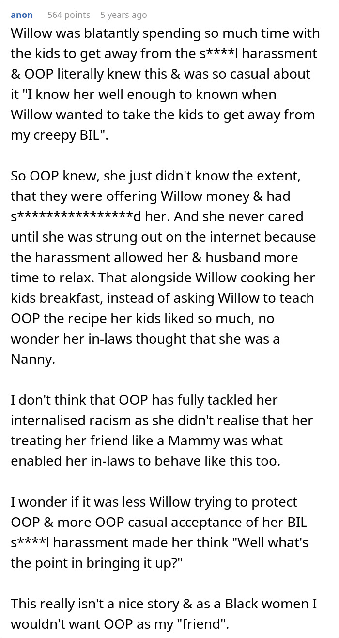 Best friend on family vacation: Detailed comment on a best friend's experience with harassment and caregiving during a family vacation. Best friend on family vacation: Detailed comment on a best friend's experience with harassment and caregiving during a family vacation.