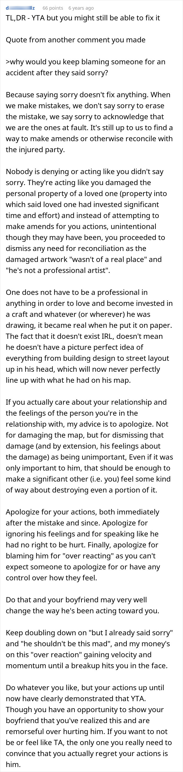 A lengthy Reddit comment discussing a woman's actions after moving into a guy's house and violating boundaries.