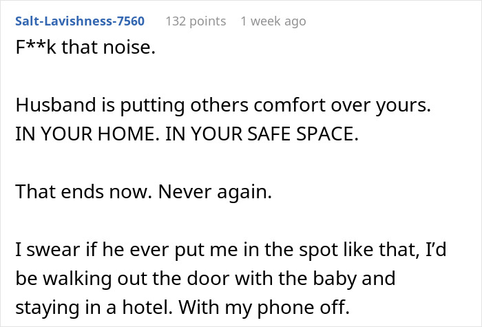A comment emphasizing a husband's abysmal decision making, prioritizing others over his wife, forcing her to confront in-laws.
