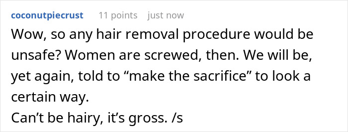 A social media comment questioning hair removal safety for women regarding flesh-eating bacteria. A social media comment questioning hair removal safety for women regarding flesh-eating bacteria.