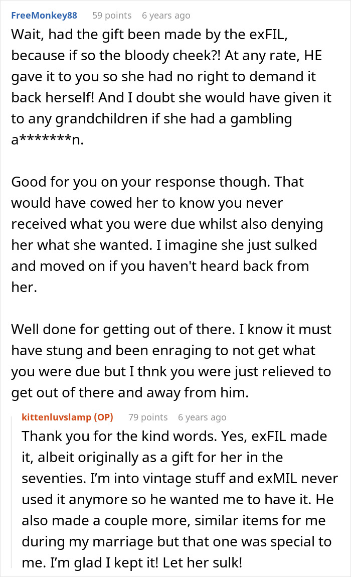 A Reddit comment discussing an ex-MIL demanding a gift back, emphasizing the ex-FIL as the giver and the ex-MIL's questionable actions, relating to the ex-MIL wanting gift back. A Reddit comment discussing an ex-MIL demanding a gift back, emphasizing the ex-FIL as the giver and the ex-MIL's questionable actions, relating to the ex-MIL wanting gift back.