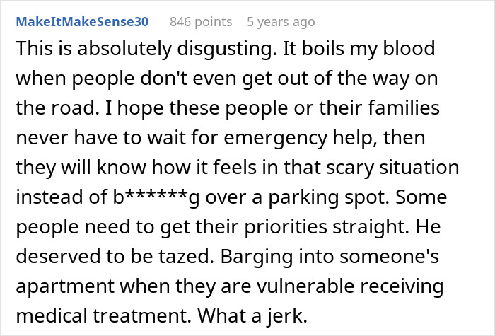A Reddit comment expresses disgust for the man's ambulance fit over a parking spot, hoping he learns.