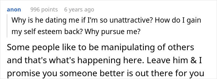 A screenshot of a Reddit comment explaining that some people like manipulating others, in response to a guy calling his dream girl unattractive. A screenshot of a Reddit comment explaining that some people like manipulating others, in response to a guy calling his dream girl unattractive.
