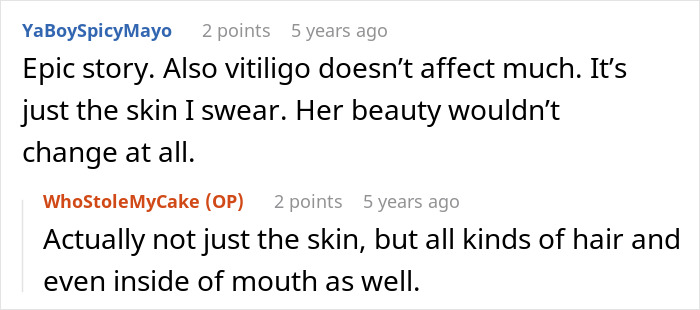 A comment stating vitiligo only affects skin, with a reply clarifying it also affects hair and inside the mouth.
