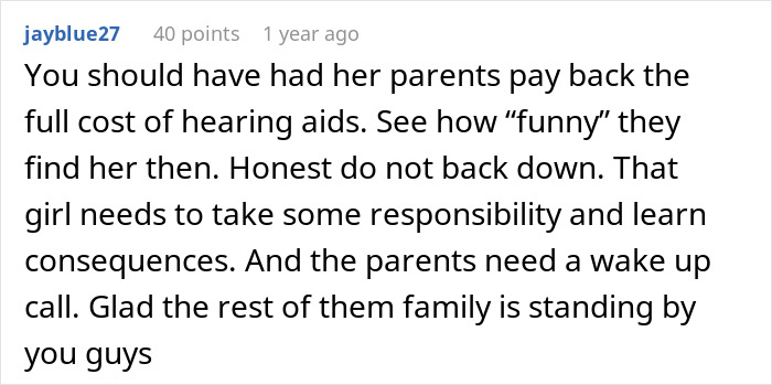 A comment about a SIL bullying a brides deaf cousin and destroying hearing aids, suggesting parents pay back. A comment about a SIL bullying a brides deaf cousin and destroying hearing aids, suggesting parents pay back.