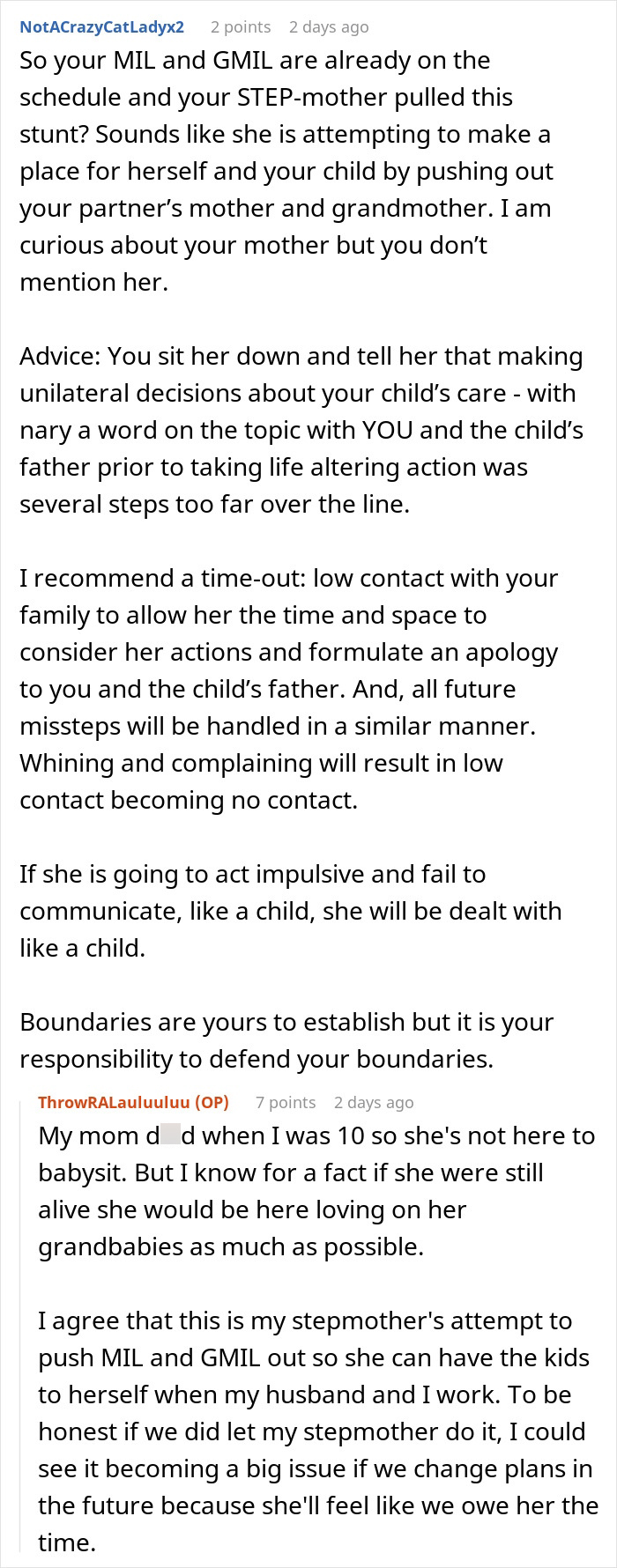 A screenshot showing a comment about the stepmother trying to push out the other grandmothers to experience motherhood. A screenshot showing a comment about the stepmother trying to push out the other grandmothers to experience motherhood.