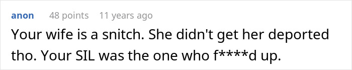 A Reddit comment stating that the wife is a snitch, but the SIL caused the deportation.