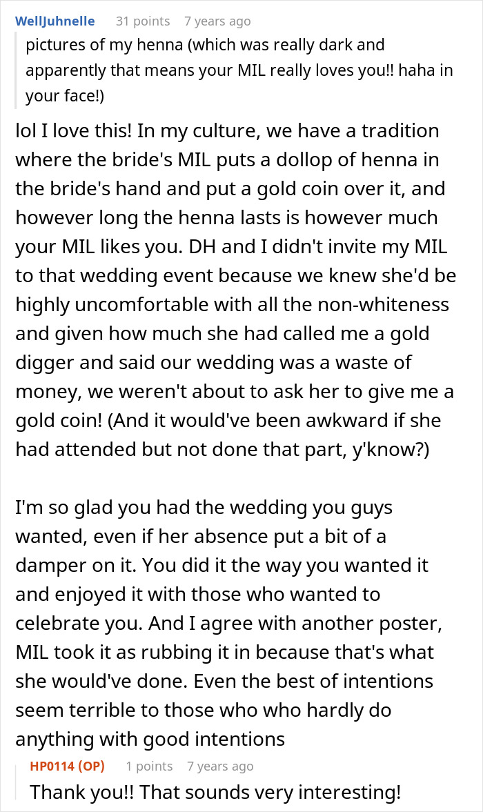 A screenshot of a Reddit comment detailing a tradition related to wedding photos and henna, relating to the MIL's presence. A screenshot of a Reddit comment detailing a tradition related to wedding photos and henna, relating to the MIL's presence.