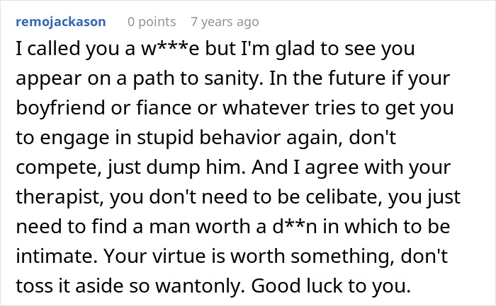 A comment advises a woman in an open relationship to dump a man if he encourages stupid behavior. A comment advises a woman in an open relationship to dump a man if he encourages stupid behavior.