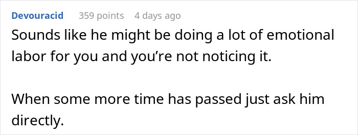 A Reddit comment suggesting a bestie pulling away after divorce might be due to emotional labor the woman isn't noticing. A Reddit comment suggesting a bestie pulling away after divorce might be due to emotional labor the woman isn't noticing.