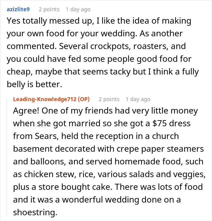 A Reddit comment discussing homemade food options for wedding guests to avoid a hunger fight at the reception. A Reddit comment discussing homemade food options for wedding guests to avoid a hunger fight at the reception.