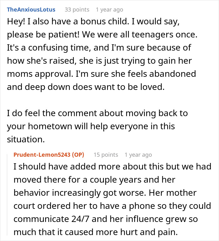 Reddit comment about a bonus child, suggesting patience and understanding in the drama with husband's kid. Reddit comment about a bonus child, suggesting patience and understanding in the drama with husband's kid.