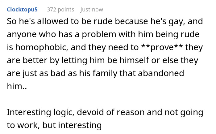 32YO Thinks That Being Gay Is His License To Be Rude To Bro's In-Laws, Gets Snubbed By 17YO Cousin 32YO Thinks That Being Gay Is His License To Be Rude To Bro's In-Laws, Gets Snubbed By 17YO Cousin