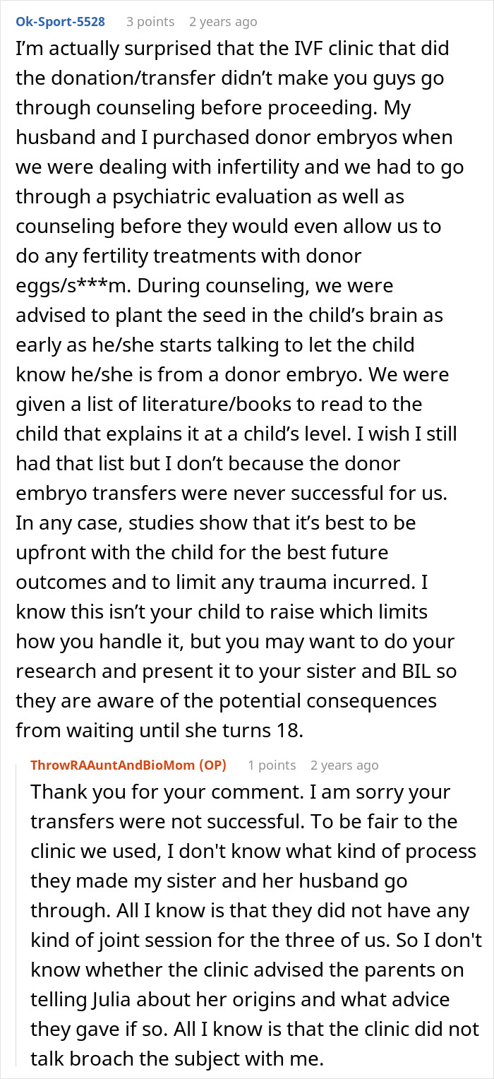 A Reddit comment section screenshot discussing a woman helping her sister have a baby, and the sister wanting to keep the truth secret. A Reddit comment section screenshot discussing a woman helping her sister have a baby, and the sister wanting to keep the truth secret.
