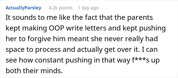 A Reddit comment discussing parents pushing for forgiveness after a violent fight with sister, damaging the family.
