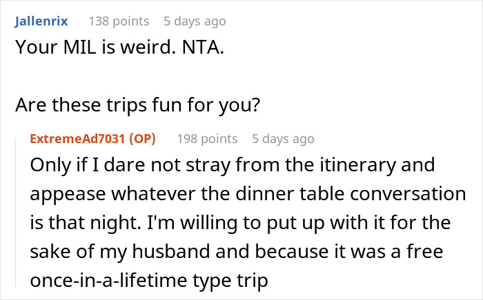 A Reddit comment screenshot, where a user describes their MIL and the challenges faced during a family trip. A Reddit comment screenshot, where a user describes their MIL and the challenges faced during a family trip.