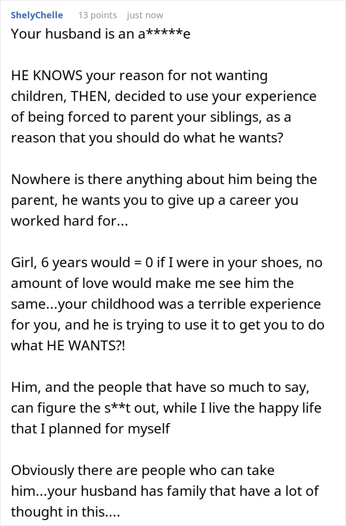 A lengthy comment criticizing the husband for pressuring his wife to become the primary caregiver for his orphaned nephew. A lengthy comment criticizing the husband for pressuring his wife to become the primary caregiver for his orphaned nephew.