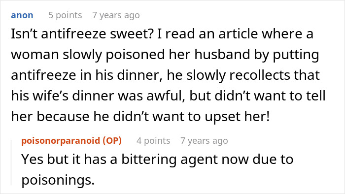 A woman is sick, suspecting her dad is tampering with her dessert, as a forum user mentions antifreeze poisoning.