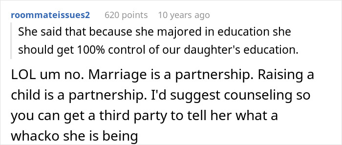 A forum comment emphasizing partnership in marriage and raising a child, concerning a mom's education control.