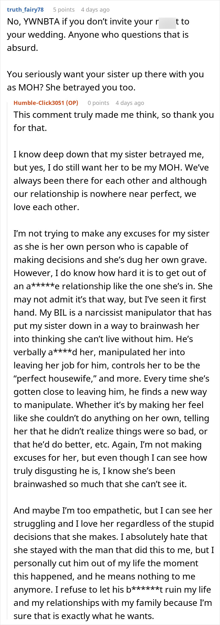A Reddit comment supporting the woman who draws the line at her wedding due to her toxic BIL. A Reddit comment supporting the woman who draws the line at her wedding due to her toxic BIL.