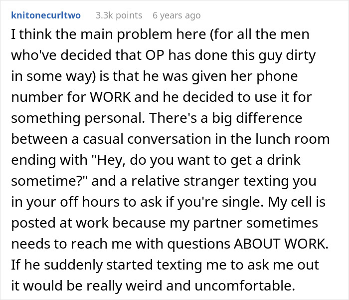 A screenshot of a Reddit comment discussing a coworker who misused a woman's number, asking if shes married or single.