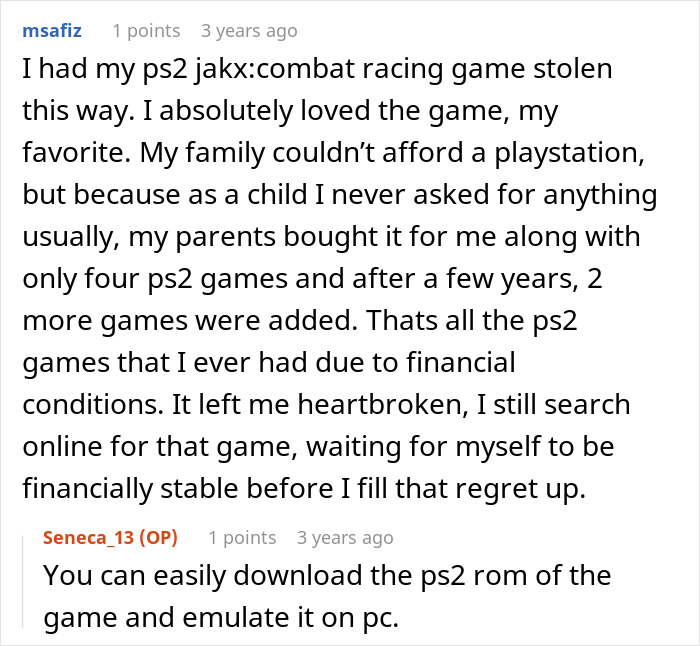 A comment describing how a stolen PS2 game caused heartbreak, linking to the story of a bully and a Batman toy. A comment describing how a stolen PS2 game caused heartbreak, linking to the story of a bully and a Batman toy.