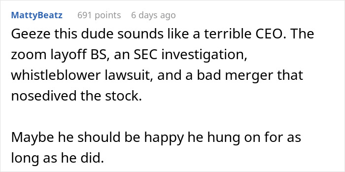 A Reddit comment describing the CEO as terrible due to Zoom layoffs, SEC investigation, and a bad merger.