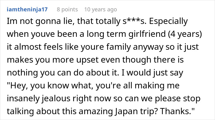 A screenshot of a comment about a cruel plan. The user expresses upset about not being included in a Japan trip. A screenshot of a comment about a cruel plan. The user expresses upset about not being included in a Japan trip.