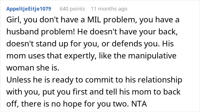 A detailed Reddit comment explaining that a woman has a husband problem, not a MIL problem, regarding mom control over marriage. A detailed Reddit comment explaining that a woman has a husband problem, not a MIL problem, regarding mom control over marriage.