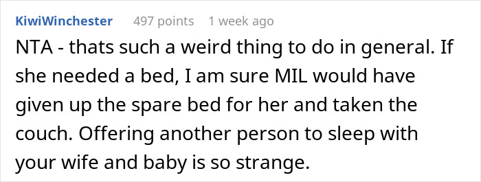 A comment expressing surprise at a man offering another person to sleep with his wife and baby, defending the marital bed.