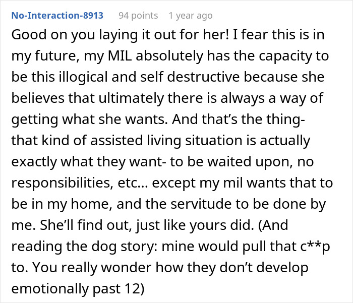 A comment detailing a person's MIL's capacity for self-destructive behavior, referencing the ultimatum story. A comment detailing a person's MIL's capacity for self-destructive behavior, referencing the ultimatum story.