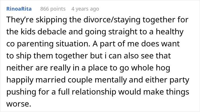 Skipping divorce, going for healthy co-parenting after spouses are sleeping together. Shipping them together is an option. Skipping divorce, going for healthy co-parenting after spouses are sleeping together. Shipping them together is an option.