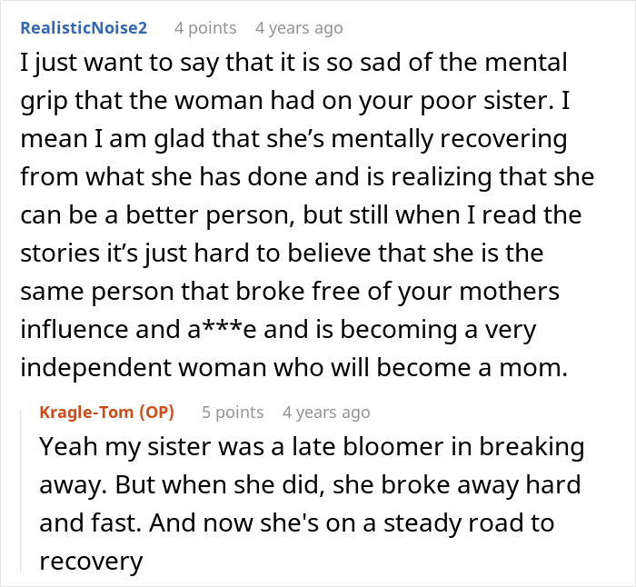 A Reddit comment details the mental recovery of a spoiled sister who became her brother's nightmare. A Reddit comment details the mental recovery of a spoiled sister who became her brother's nightmare.