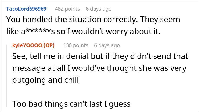 A social situation where a guy joins female classmates and felt intruded upon; Reddit comment supports his handling of the situation. A social situation where a guy joins female classmates and felt intruded upon; Reddit comment supports his handling of the situation.