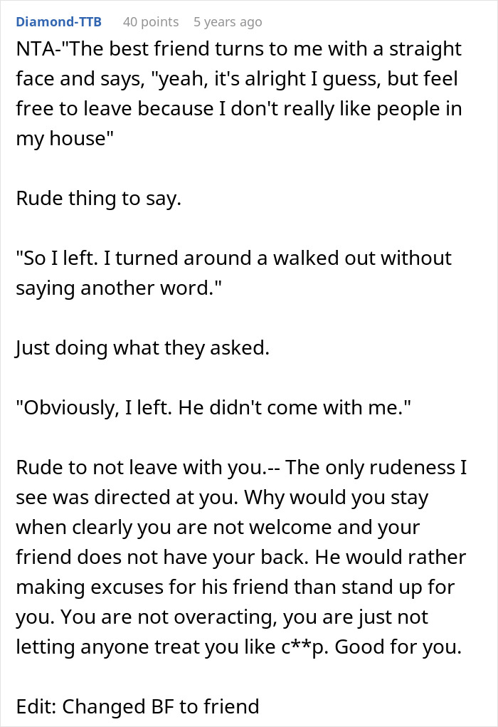 A detailed comment about leaving the party after a rude welcome, emphasizing the boyfriend's lack of support.