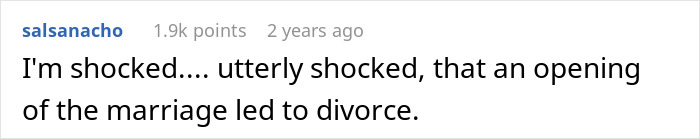 A comment about an open marriage leading to divorce, showing the impact of new rules and meeting another woman. A comment about an open marriage leading to divorce, showing the impact of new rules and meeting another woman.