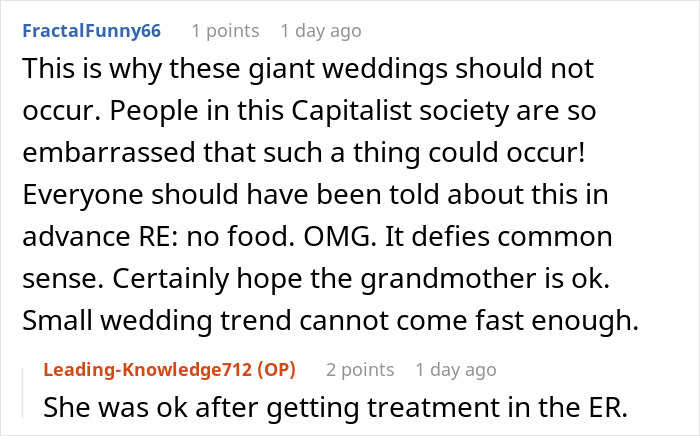 A Reddit comment criticizing giant weddings and the embarrassment caused by a hunger fight among wedding guests. A Reddit comment criticizing giant weddings and the embarrassment caused by a hunger fight among wedding guests.