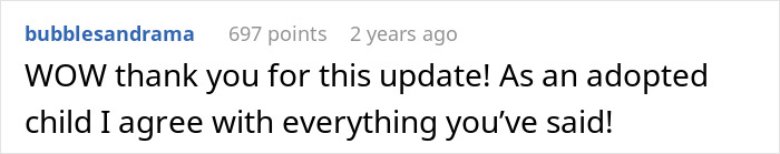A comment from an adopted child agreeing with the update about marriage and conceiving.